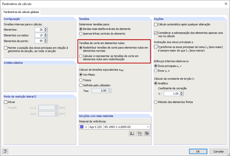 Configuração das opções para visualização/cálculo de tensões de corte em elementos nulos