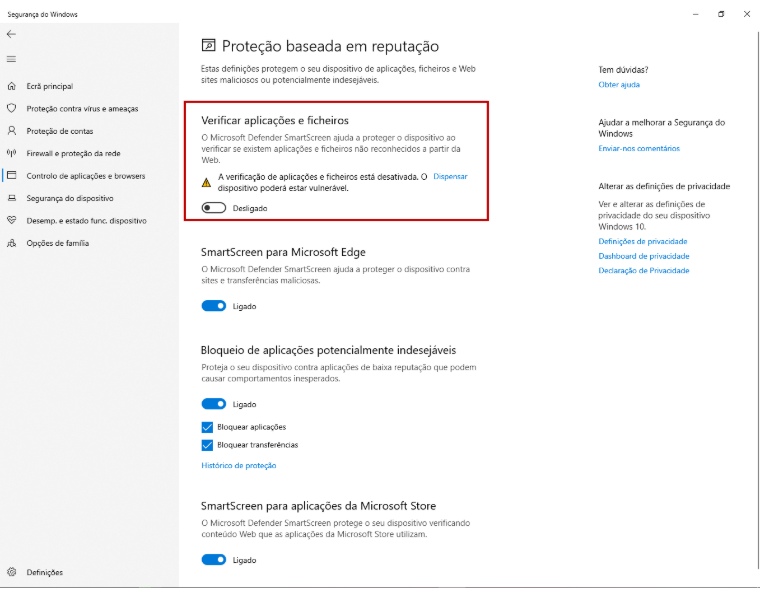 Desativar proteção em Segurança do Windows