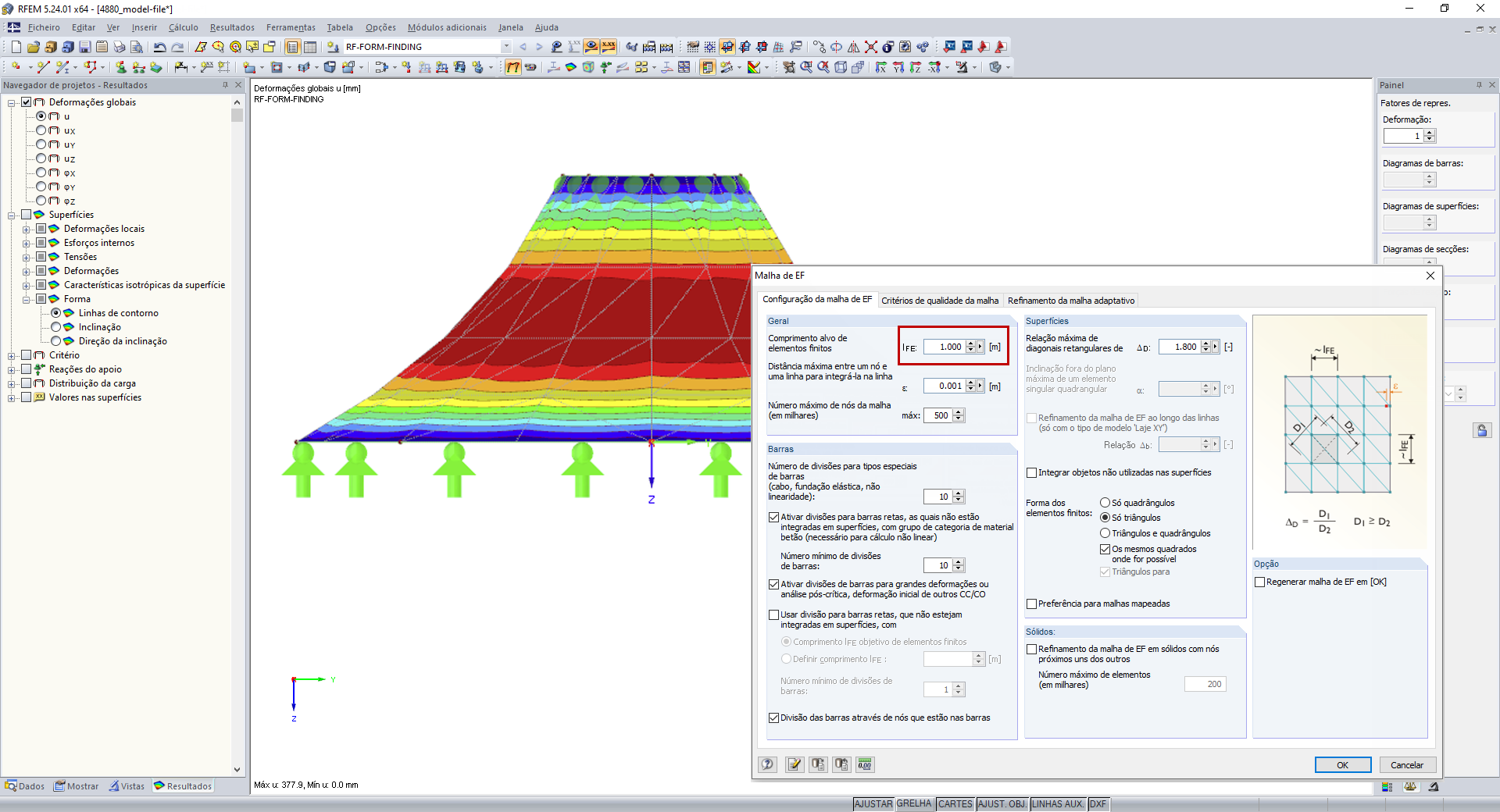 Malha de EF do form-finding de 1 m