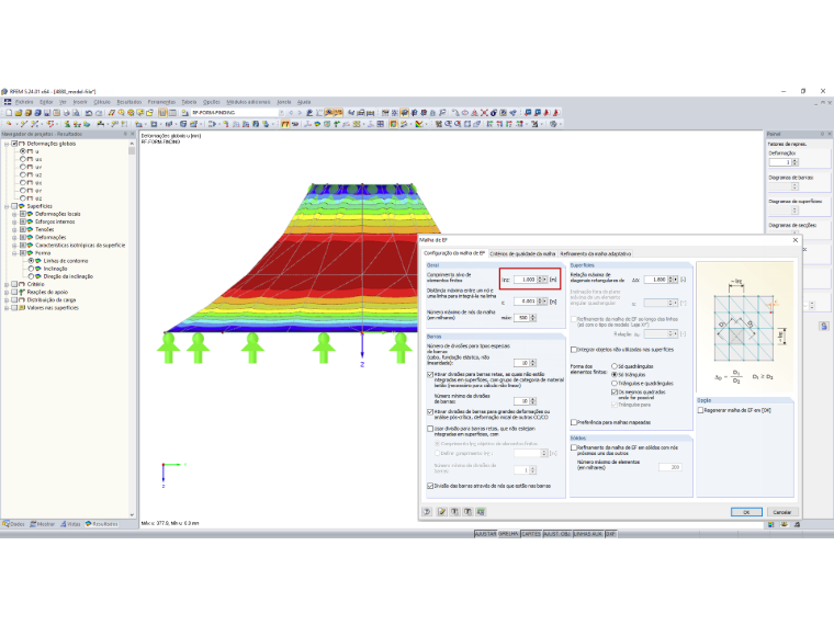 Malha de EF do form-finding de 1 m