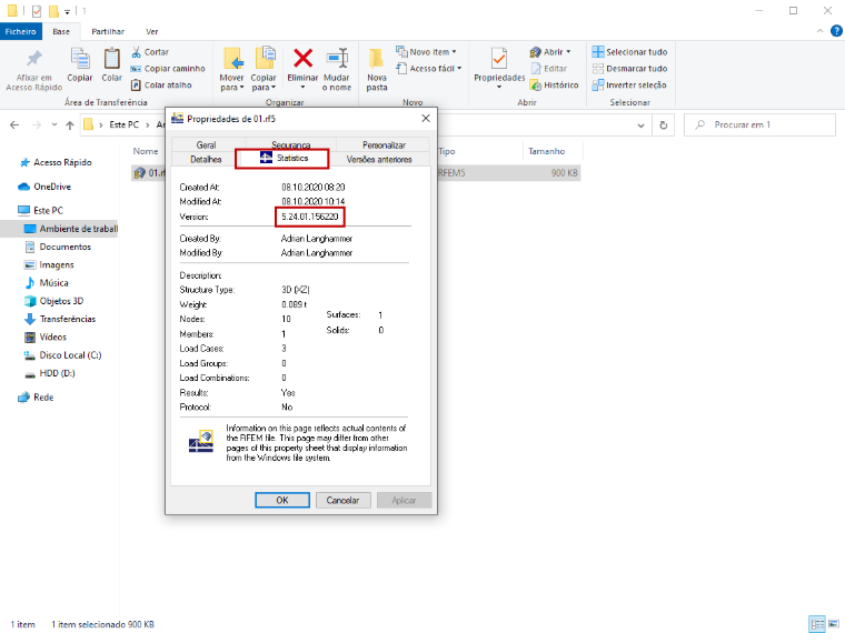 Informações sobre a versão do programa no Windows → Propriedades → Estatísticas