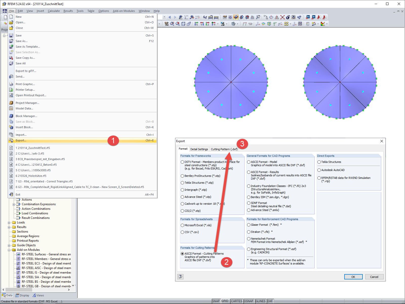 Exportar do RFEM – Formatos para padrões de corte