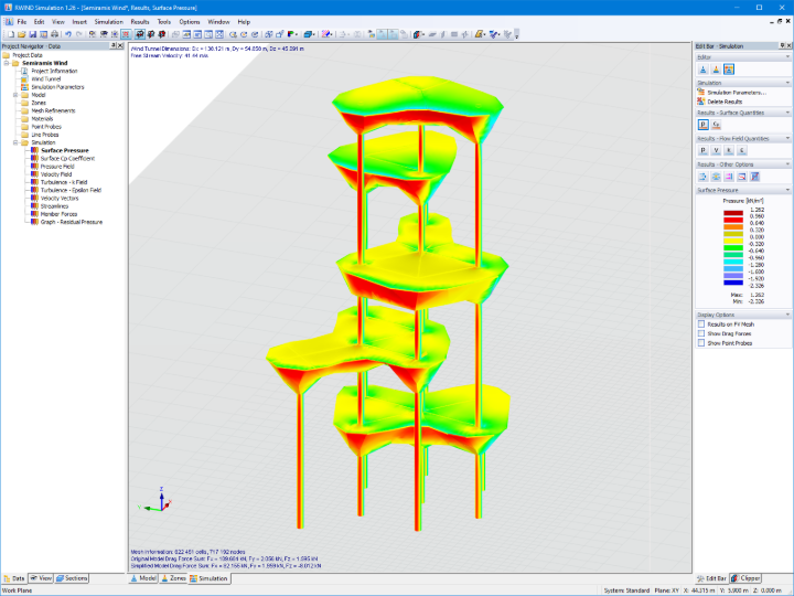 Modelo 3D da torre com pressões de superfície no RWIND Simulation (© Timbatec)