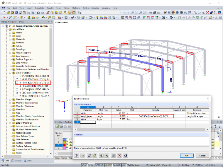 Parametrização do comprimento de secção em função da altura da secção