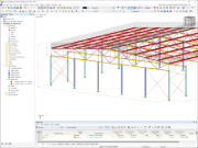 A imagem mostra um modelo de um pavilhão de aço com secções de aço formadas a frio, dimensionado no RFEM 6.