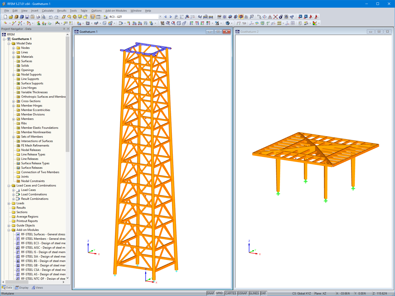 Modelo da torre (esquerda) e plataforma (direita) no RFEM (© ingwh)