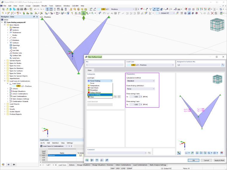Carga de superfície – Tipo de carga do Form-finding