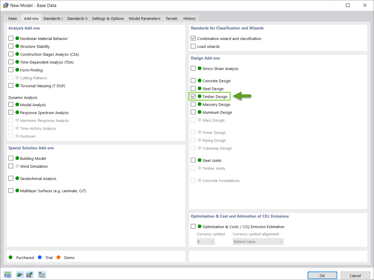 Ilustração do processo de ativação do módulo Dimensionamento de madeira no software de análise estrutural.