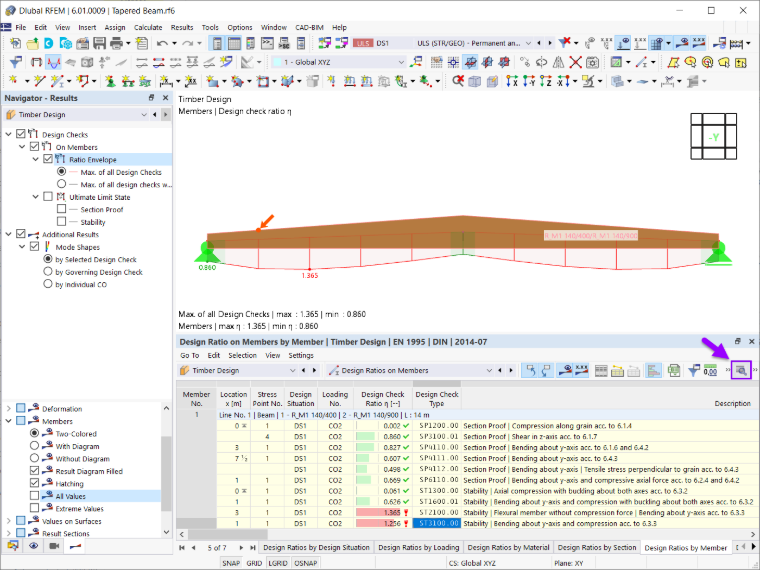 Resultados do dimensionamento de barra de madeira de secção variável e curvada utilizando o software de cálculo estrutural.