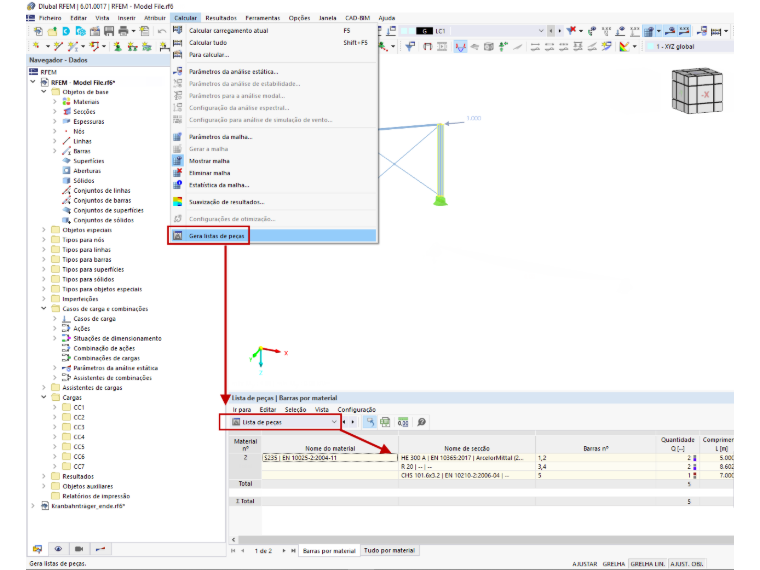 FAQ 005145 | Como é que posso gerar listas de peças no RFEM 6 e no RSTAB 9?