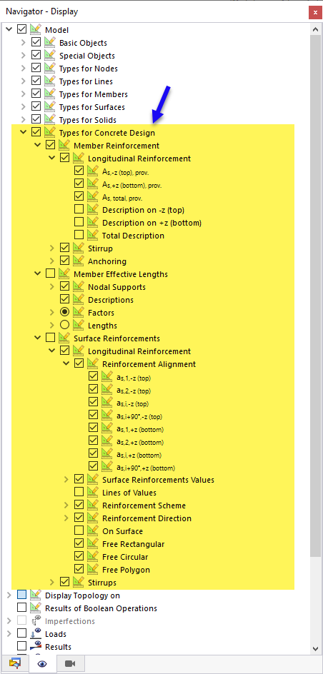 Opções de visualização para tipos de dimensionamento de betão