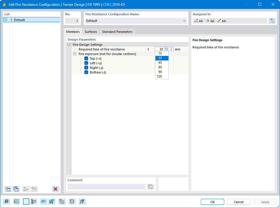 Caixa de diálogo "Editar configuração de proteção contra incêndio | EN 1995