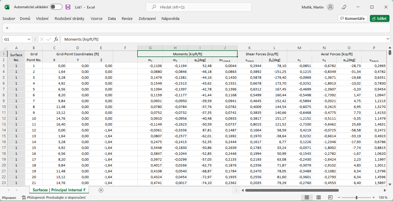 Planilha Excel com forças internas e momentos principais