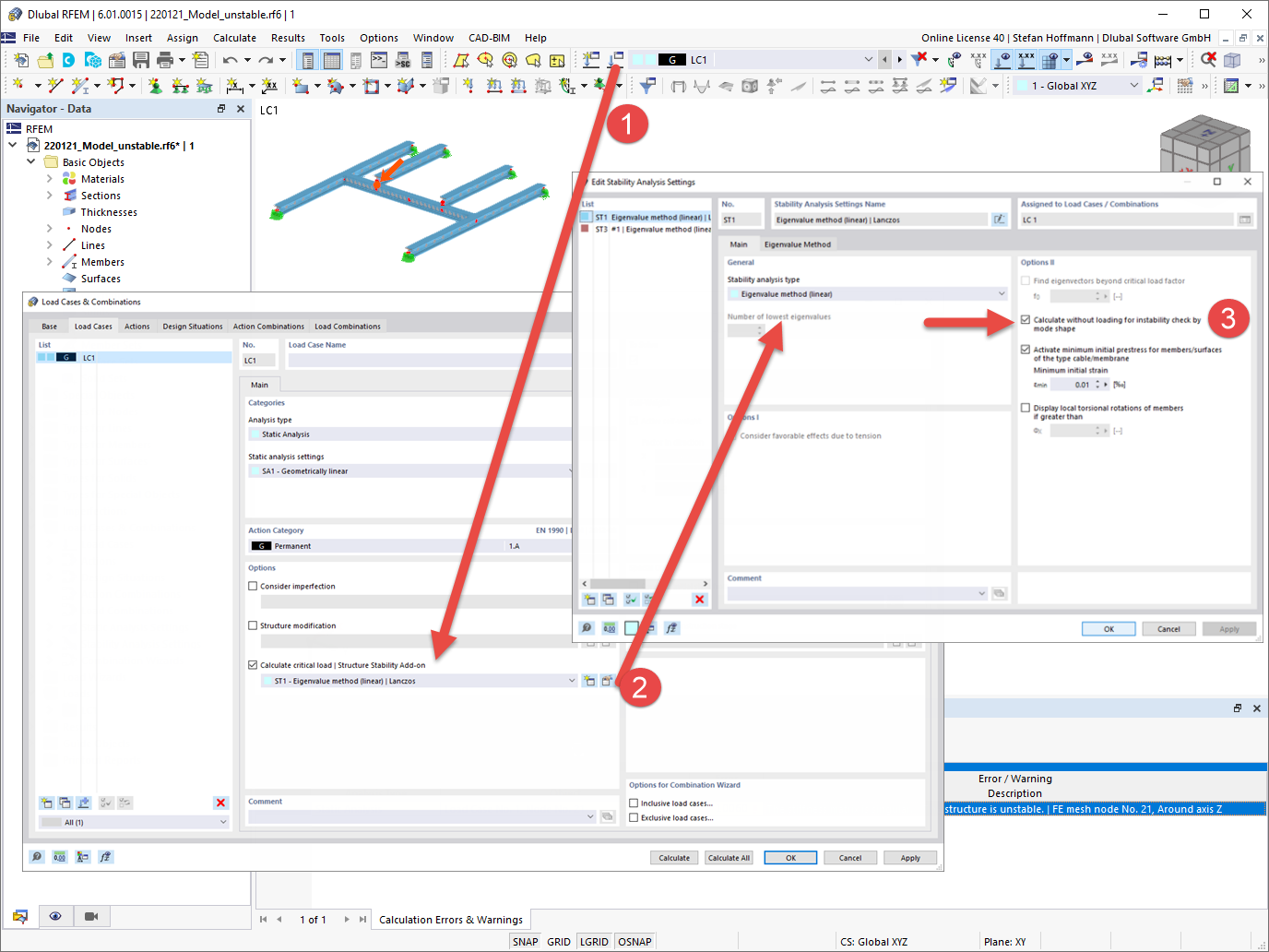 FAQ 005191 | O meu modelo no RFEM 6 é instável. Como é que posso corrigir isso?