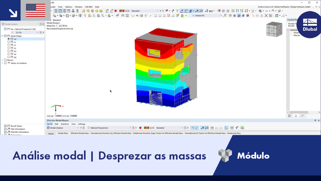 Ilustração de análise modal mostrando efeitos da negligência de massa em contexto de engenharia de estruturas.