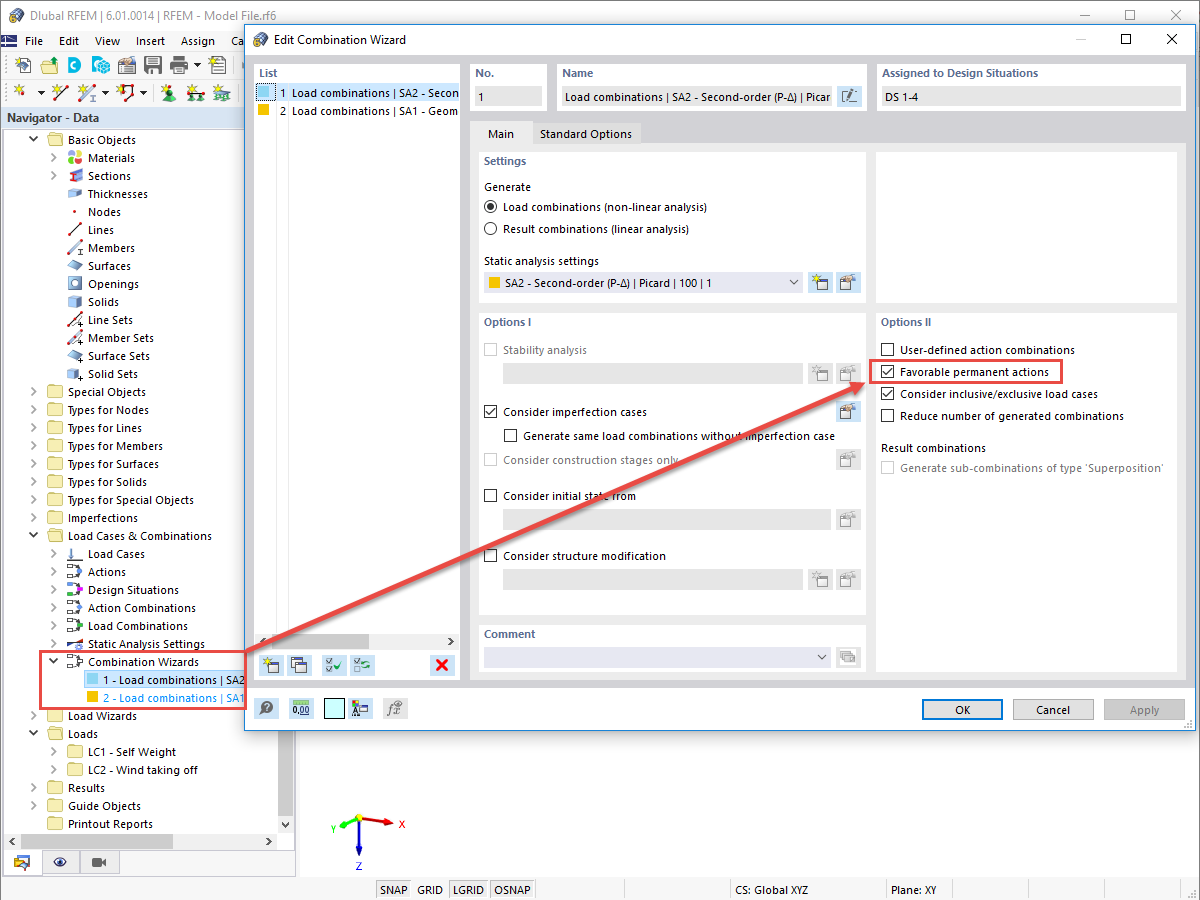FAQ 005198 | Onde é que posso ativar a opção "Ações favoráveis permanentes" no RFEM 6 e no RSTAB 9 para combinar o peso próprio no estado limite último?