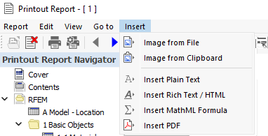 ' Inserir ' Menu do relatório de impressão