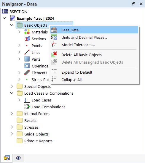 Editar dados gerais através do menu de contexto