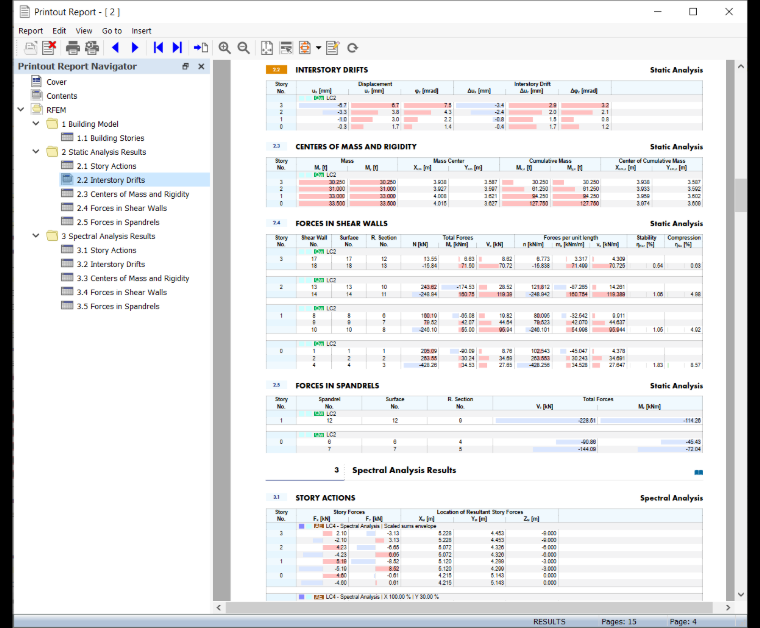 Relatório de impressão com dados do modelo de edifício