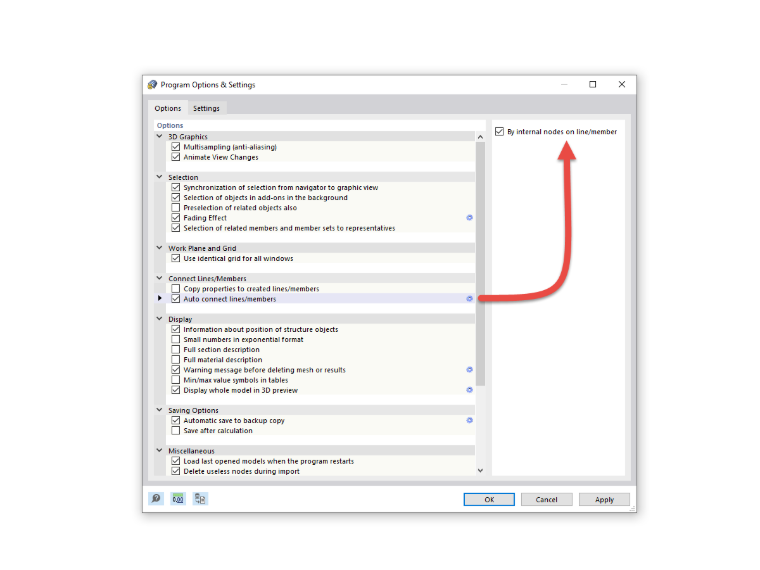 FAQ 005313 | Ao modelar, utilizo a função "Ligar automaticamente linhas/barras". No entanto, o RFEM 6 cria sempre um nó de ligação do tipo "na barra".