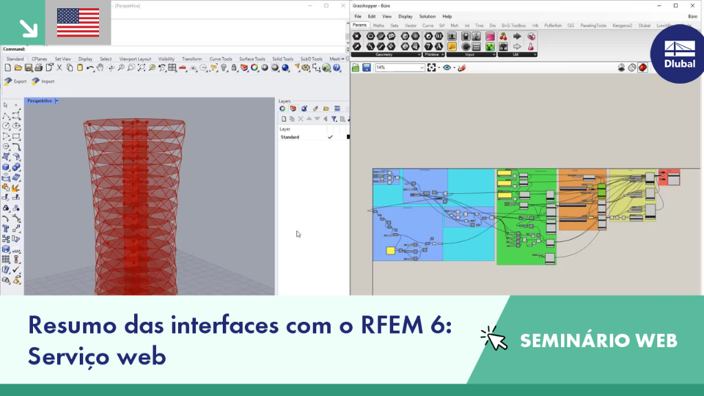 Interface presentation highlighting Webservice with Rhino and Grasshopper integration in an expert webinar session with visual aids.