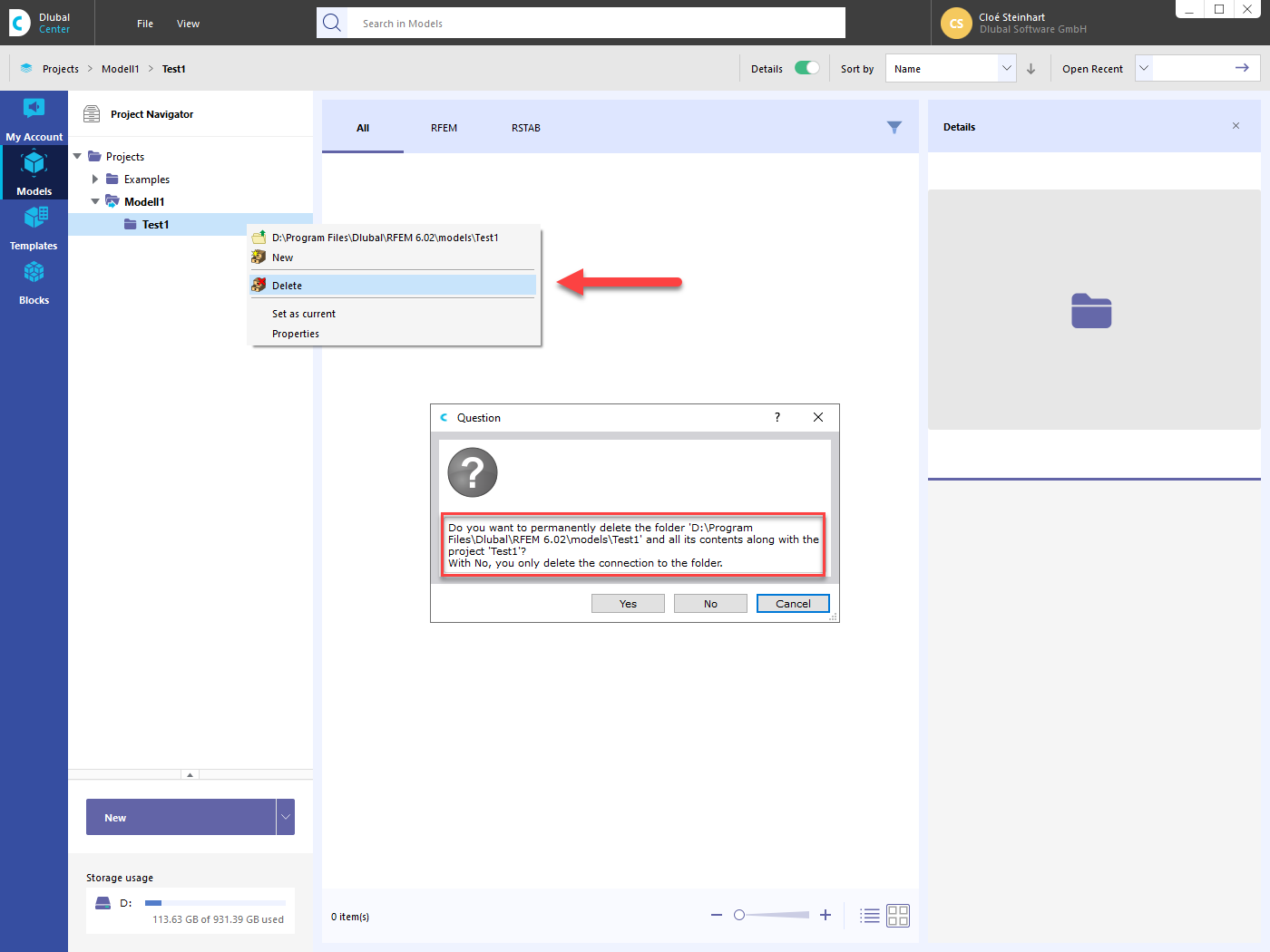 FAQ 005300 | Como é que se elimina a ligação a uma pasta de projetos no Dlubal Center?