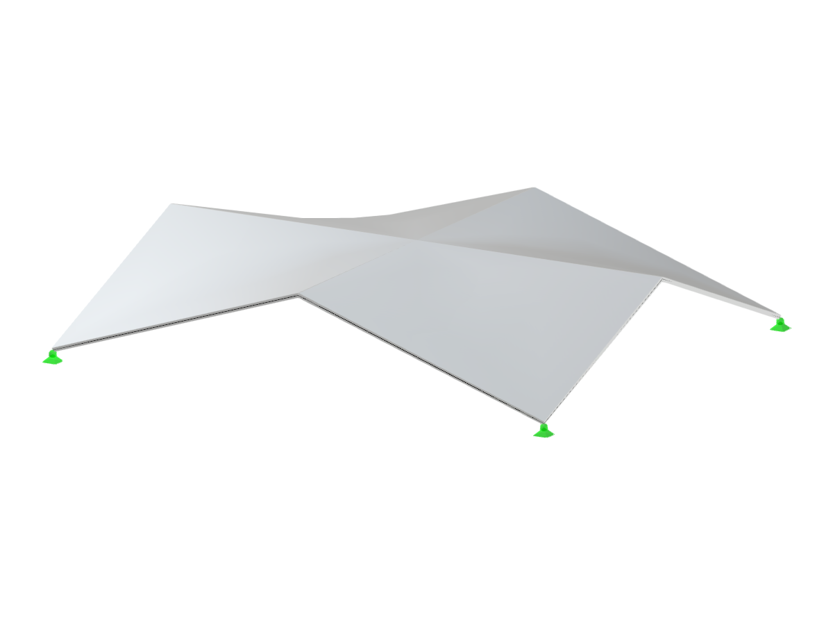 Estruturas de casca anticlástica com quatro superfícies hypar que se intersectam sobre uma planta retangular. Todas as dobras transversais estão alinhadas num único nível.