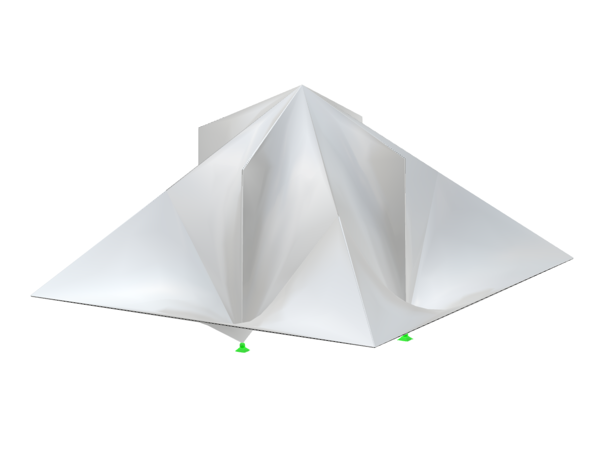 Um modelo que apresenta dezesseis superfícies "hypar" anticlásticas sobre uma planta quadrada, ilustrando estruturas de definição espacial com superfícies de bordas retas.