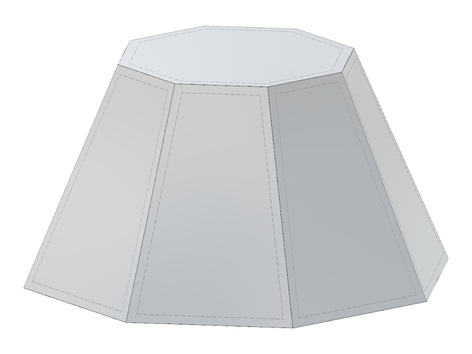 Pirâmide octogonal truncada exemplificando dimensionamento paramétrico com dimensões ajustáveis baseadas no comprimento da aresta ou raio do círculo.