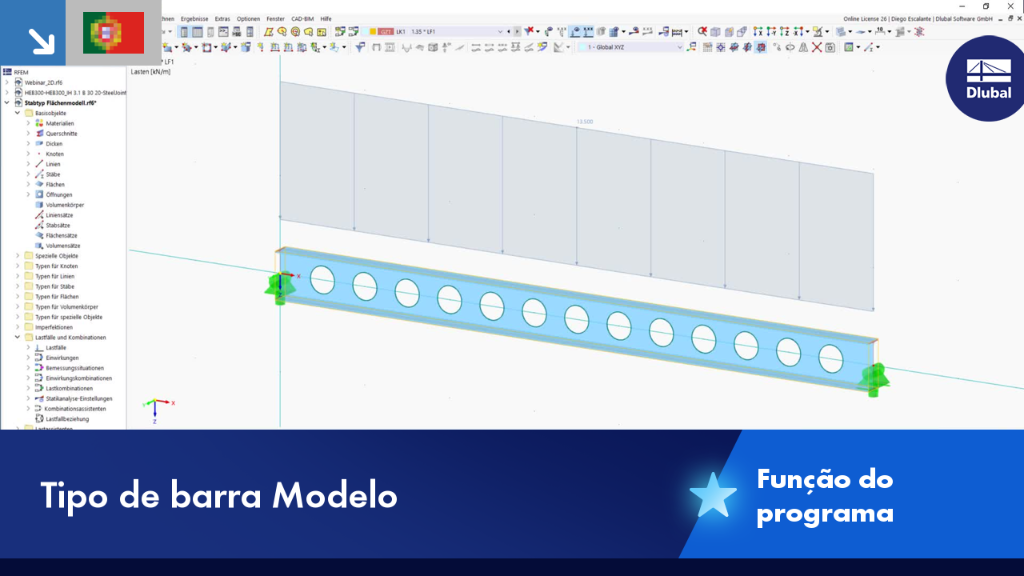 Modelo de superfícies como tipo de barra na análise estrutural, visualizado em vista 3D