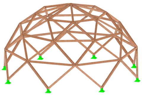 Modelo de cúpula geodésica com subdivisões triangulares analisado no RSTAB para avaliação estrutural