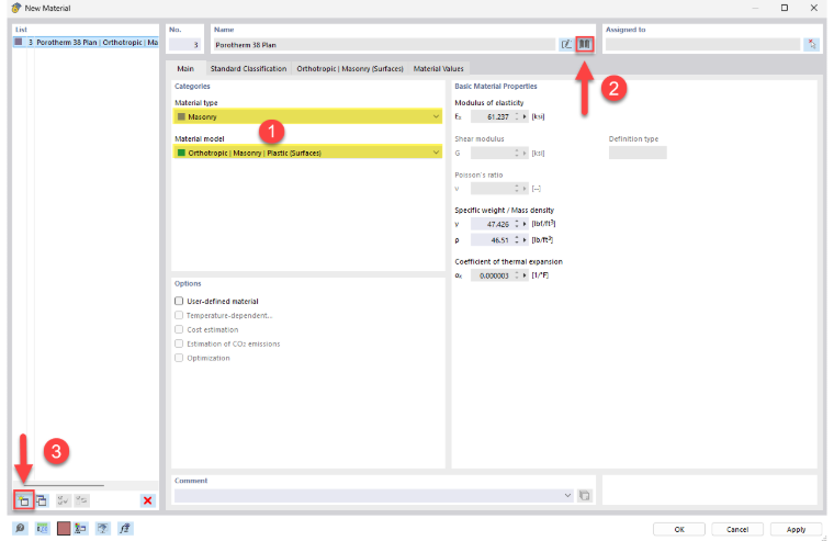 Interface de utilizador para definição de novos materiais de madeira com informação sobre as propriedades físicas e categorias de utilização no software. Não são visíveis outros elementos de controlo.