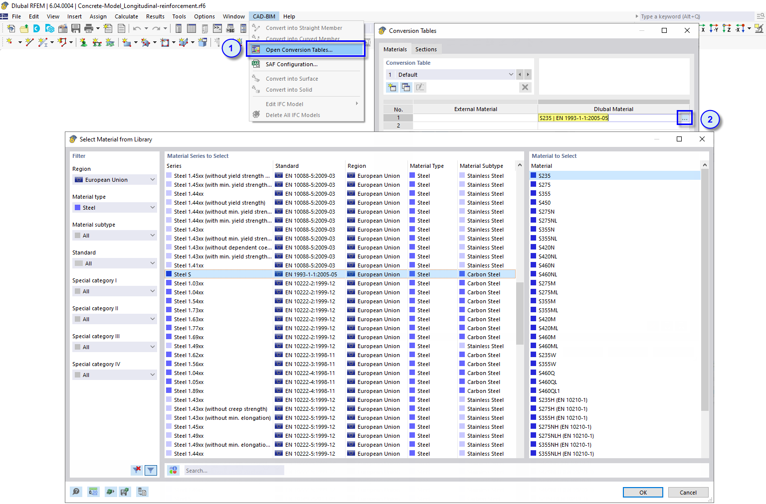 Abrir tabelas de conversão com nomes completos do material ou da secção no RFEM