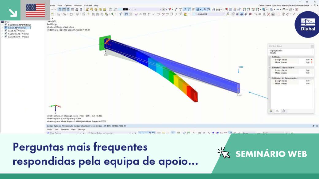 Webinar informativo respondendo a perguntas frequentes com parte da equipa de apoio técnico da Dlubal, com foco na utilização de software e assistência técnica.