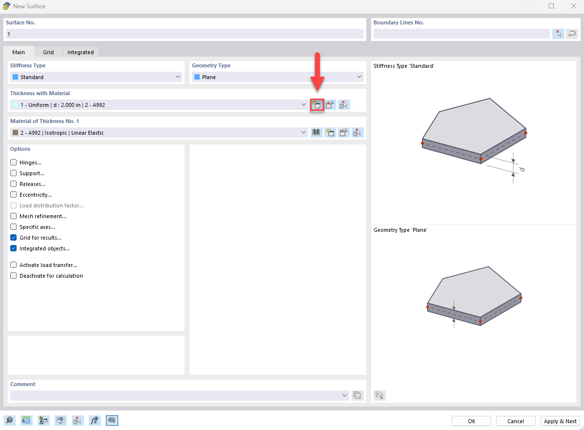 Janela de configuração para criação de novas superfícies num software CAD com ferramentas para ajuste de parâmetros.