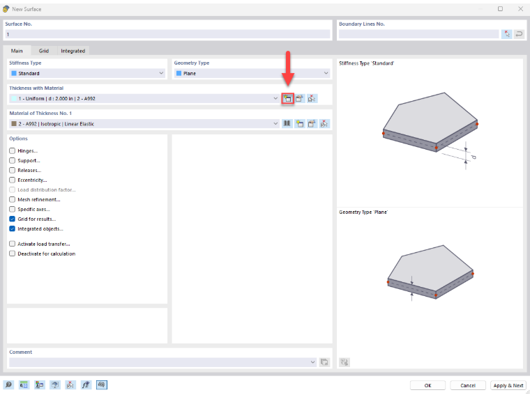 Janela de configuração para criação de novas superfícies num software CAD com ferramentas para ajuste de parâmetros.