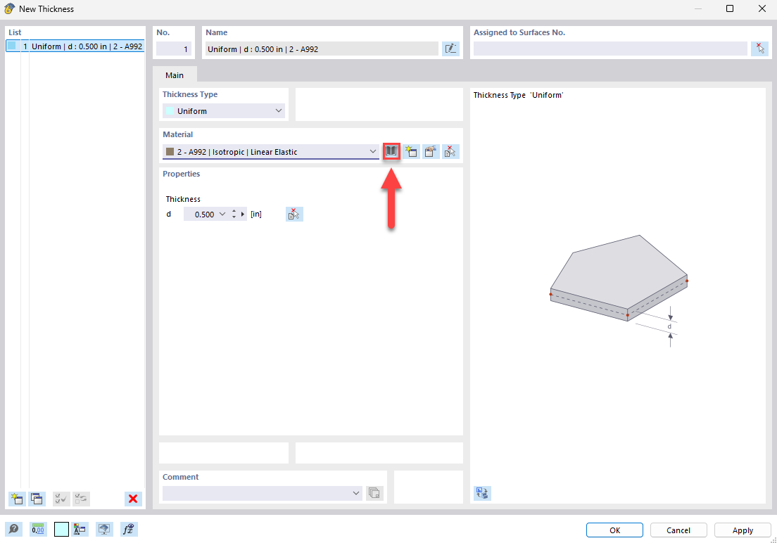 Interface de utilizador para introdução de uma nova espessura de material em software de construção com parâmetros.