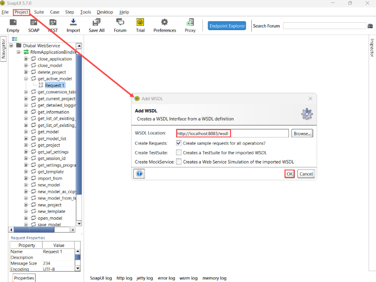 Adicionar serviço do RfemModel – SoapUI
