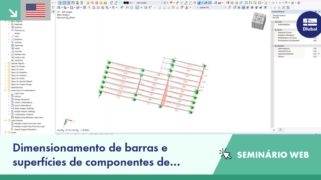 Seminário web a ilustrar o processo de dimensionamento de barras e superfícies de madeira no software RFEM 6.