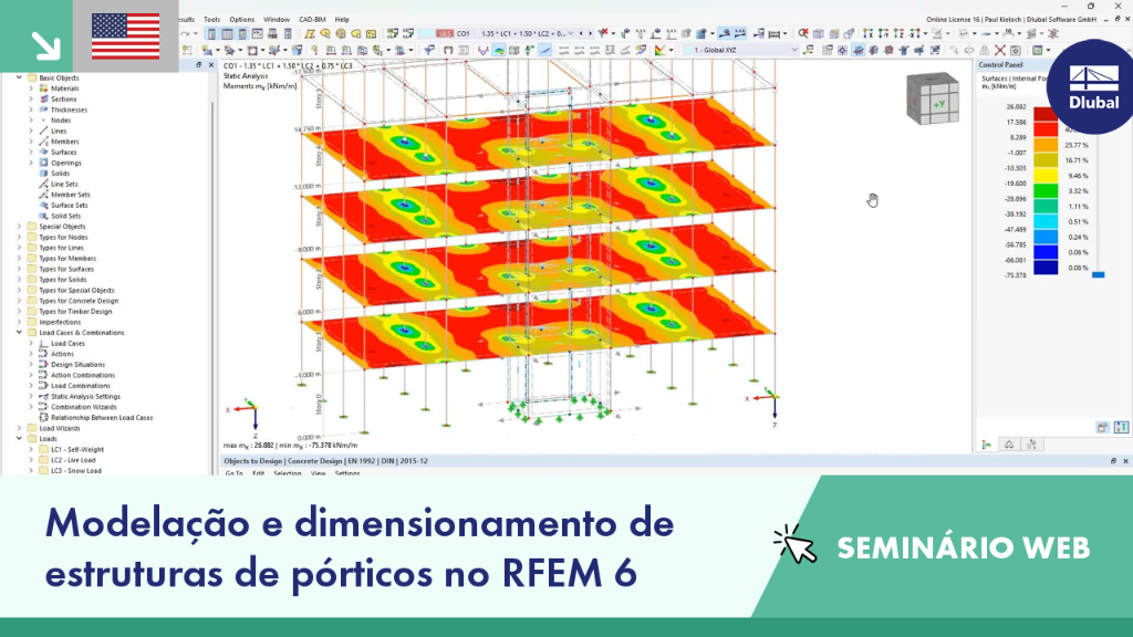 Seminário web sobre modelação e dimensionamento de estruturas de pórtico utilizando o módulo adicional Modelo do edifício. Foco em métodos de engenharia estrutural.