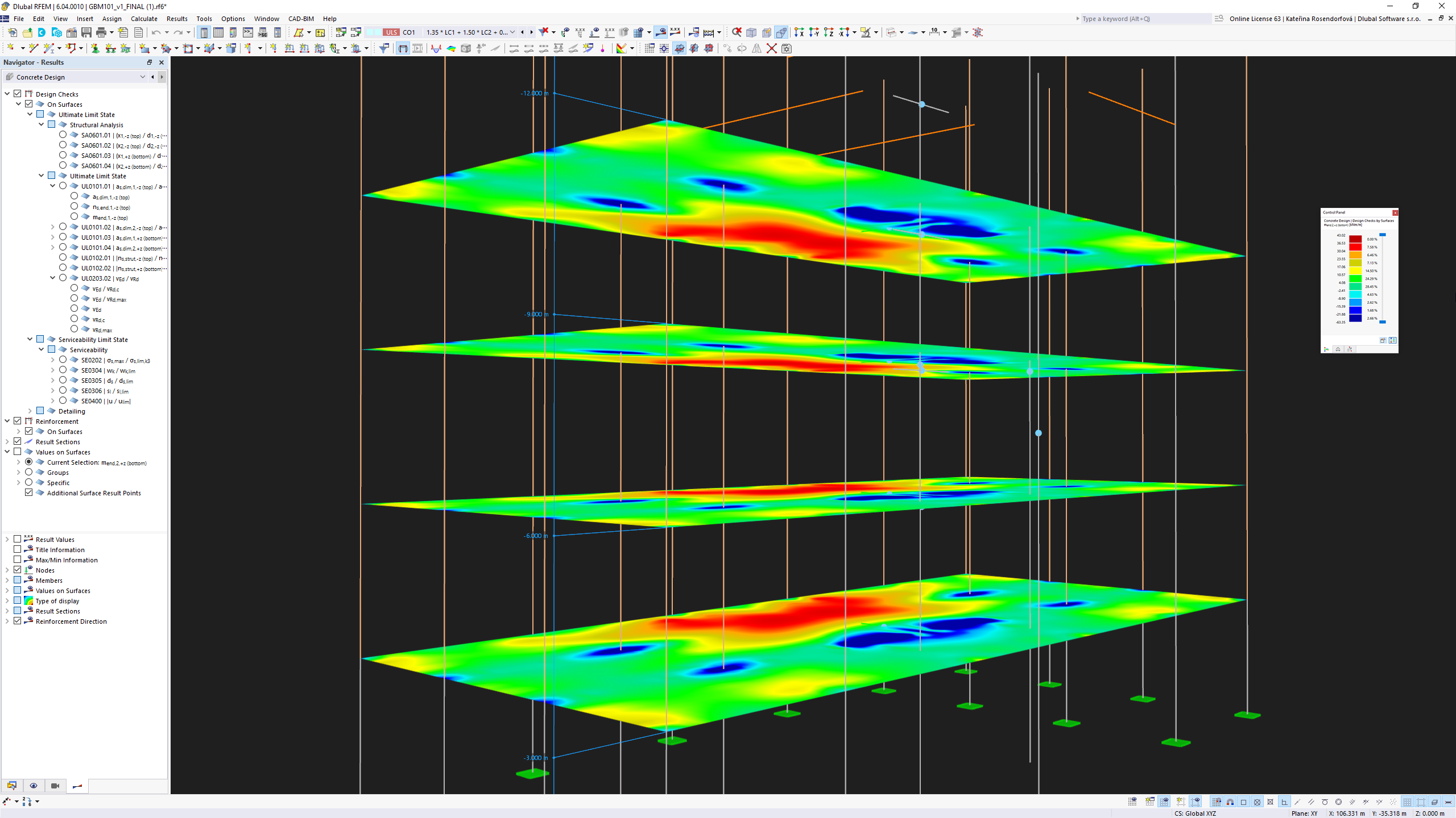 Representação de dimensionamento de betão no modelo RFEM, incluindo interface gráfica do utilizador com parâmetros detalhados de cálculo.