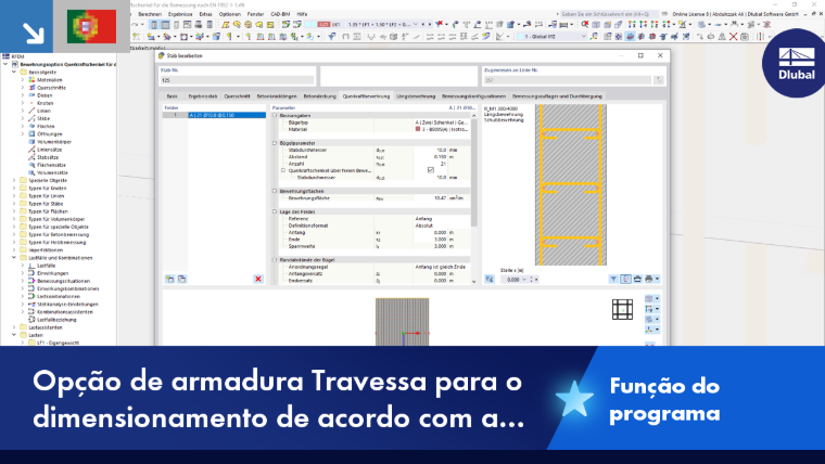 Opção de ramo de estribo no RFEM 6 de acordo com a EN 1992-1-1. Visualização do dimensionamento da armadura com ramos específicos.