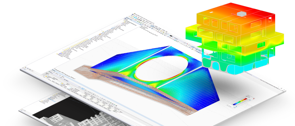Representação visual da verificação de betão armado com o módulo adicional no RFEM 6, focada na resistência e na utilização.