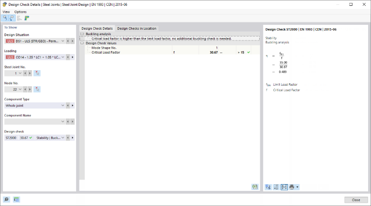 Detalhes da verificação de cálculo para a análise de encurvadura