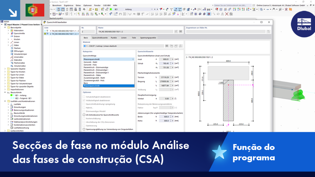 Secções de fase durante a construção com o módulo da Dlubal