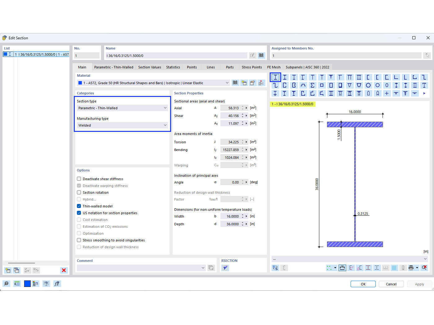 KB 001883 | Dimensionamento de vigas de alma cheia de acordo com a AISC 360-22 no RFEM 6