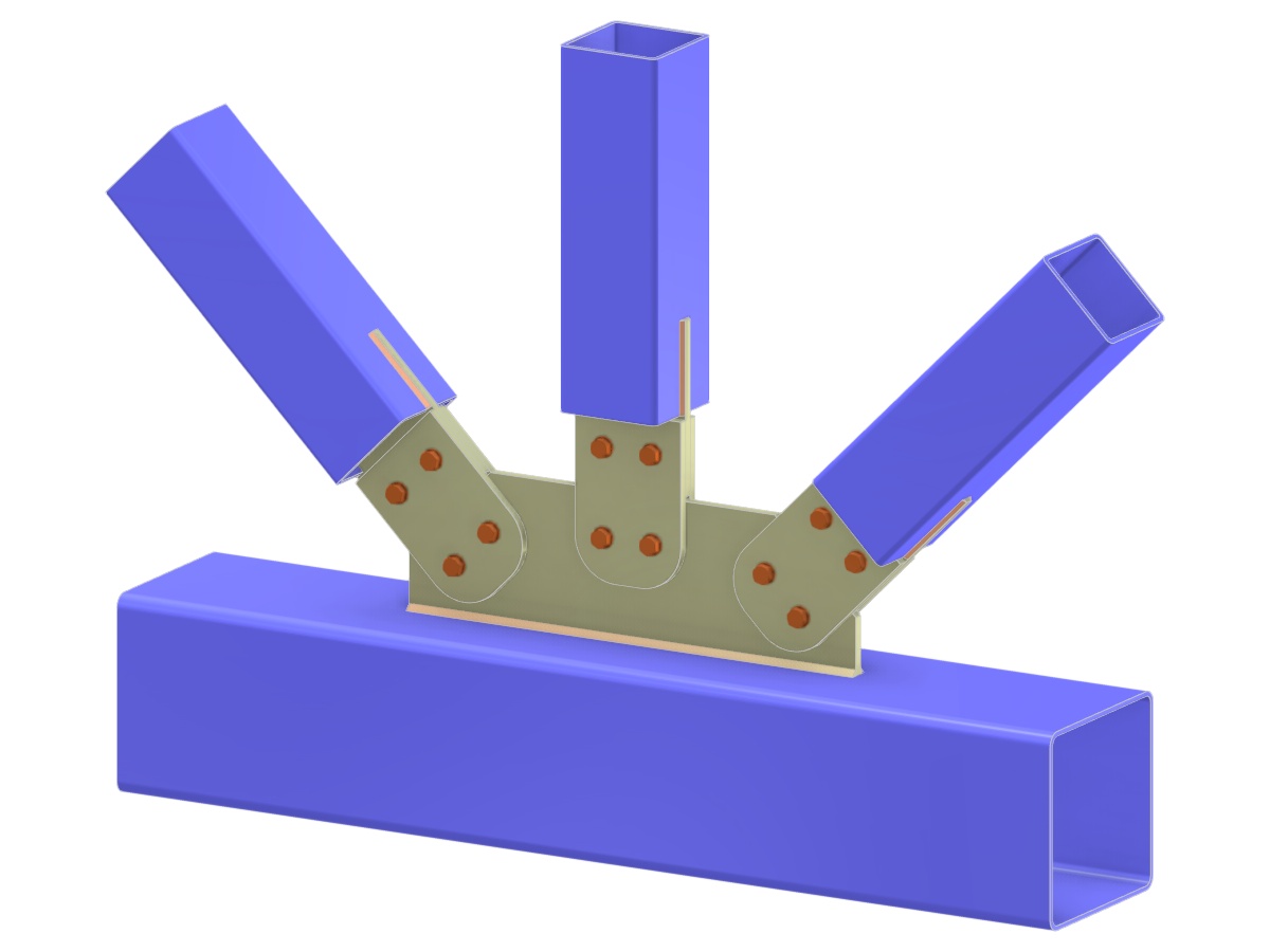 Modelo 005316 | Ligação KT de Treliça | Diagonais e Vertical para Ligação ao Banzo via Chapa de Gusset, Lingueta e Chapas de Cobertura