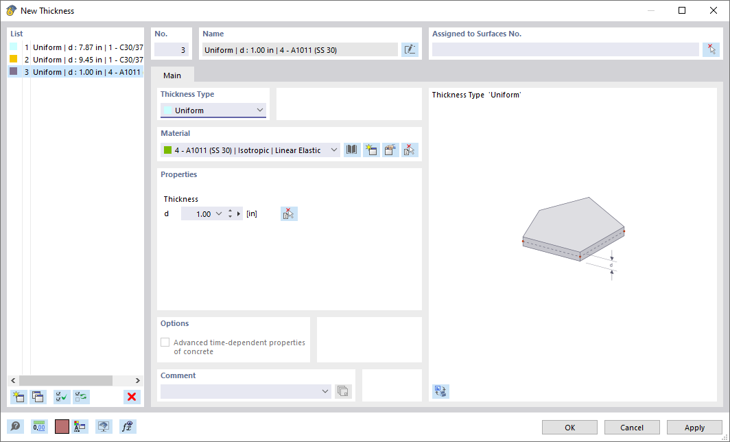 Caixa de diálogo para definição de espessura, tipo de espessura e opções de material