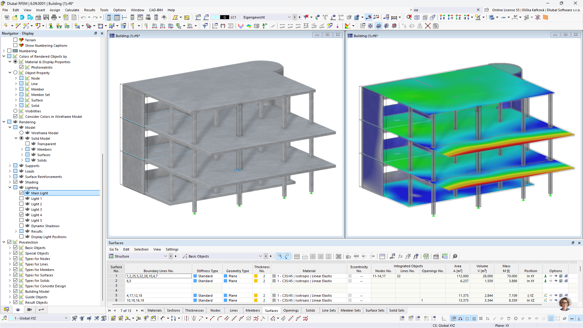 Saída de simulação de edifício apresentando dados analíticos e resultados de cálculo do modelo.