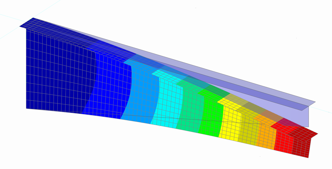Deslocamento de modelo de viga em consola representada como barra com elementos de superfície, analisada no módulo RFEM